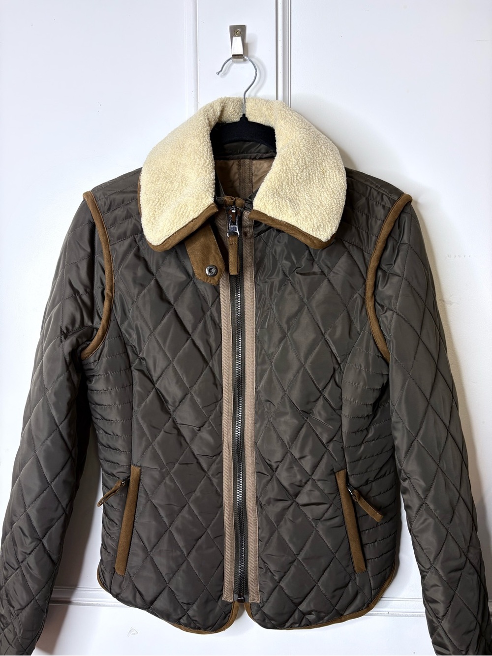 Zara Olive Brown Quilted Jacket with Cream Sherpa Collar